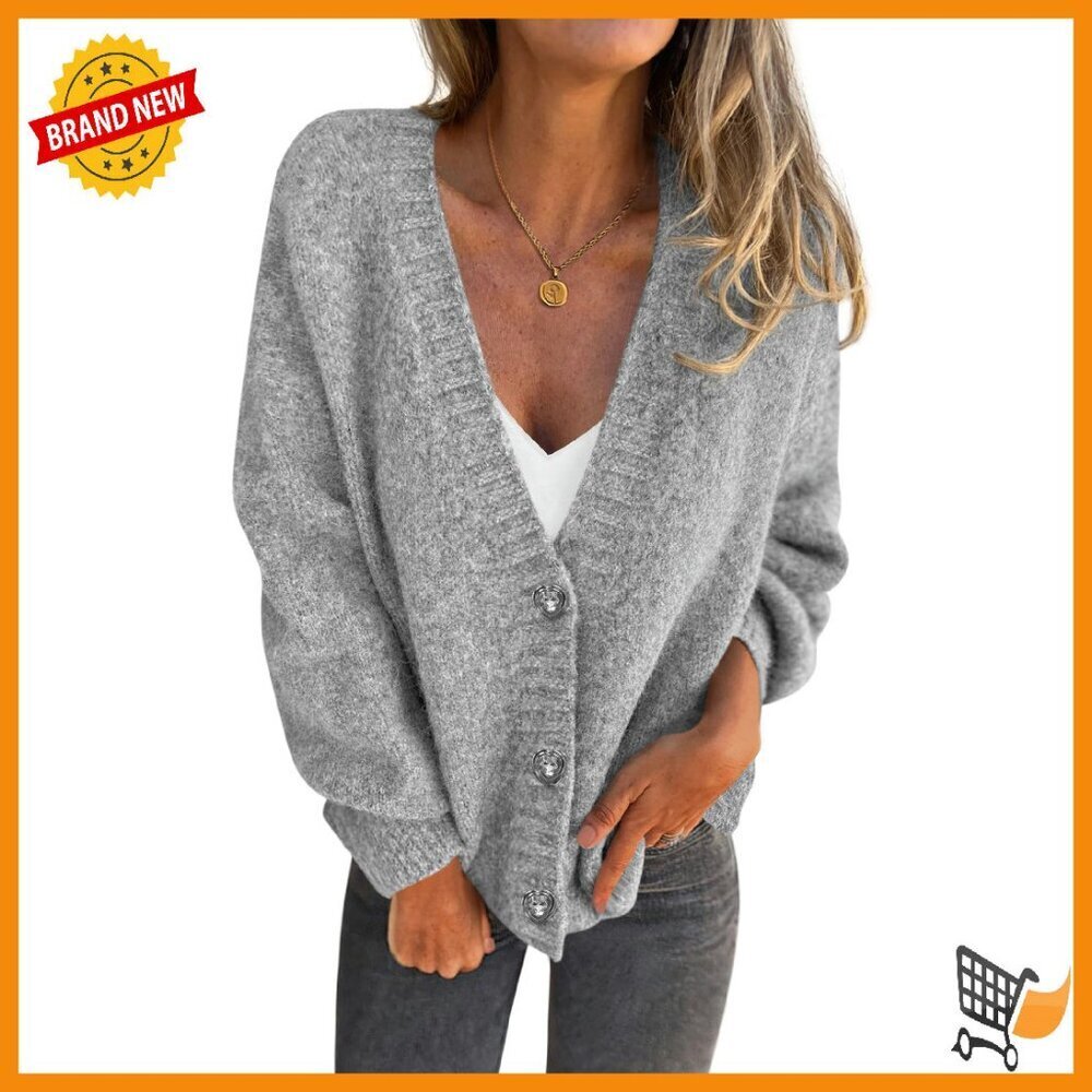 Oversized Chunky Knit V-Neck Cardigan Sweater Women's Long Sleeve